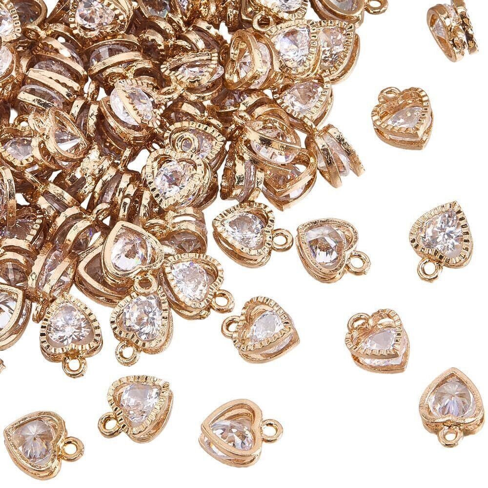 4259 1 Box 100Pcs Glass Heart Charm Rhinestone Hearts Charms Bulk Gold